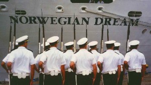 Norway sailors greet cruise ship